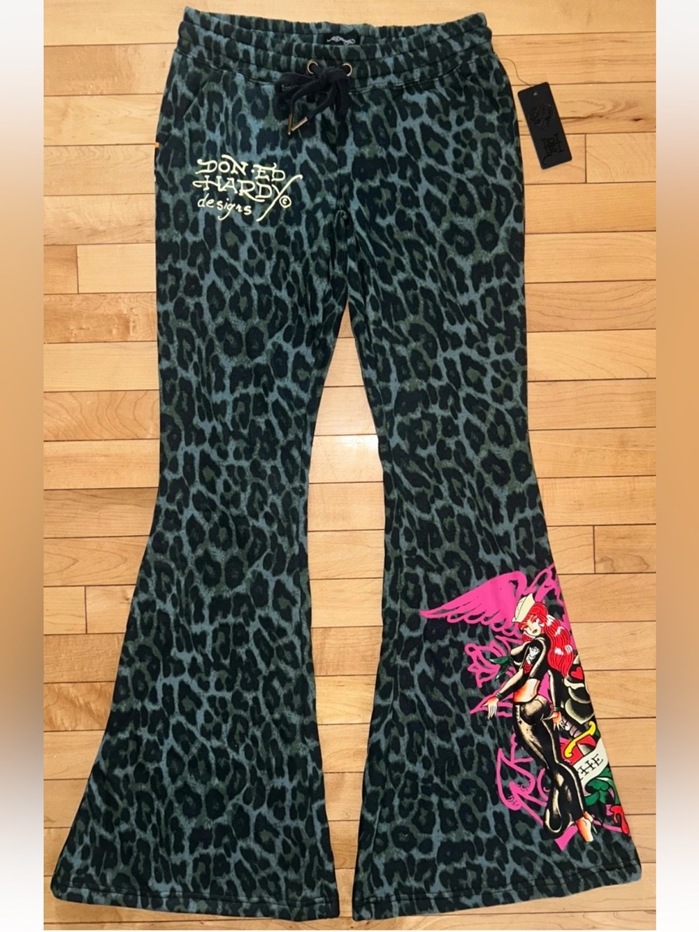NEW! ED HARDY Anchor Rose Boot Cut Sweatpants Green Leopard Size S